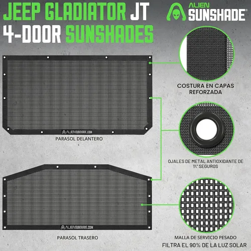 Vista 2 de Alien Sunshade Parasol para Jeep Gladiator negro (2018-2023), accesorios para Jeep Gladiator, parasol de malla delantera y trasera, parte superior
