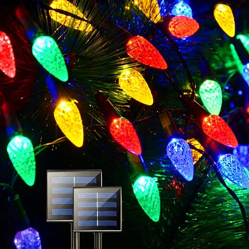 Vista 9 de Guirnalda de luces solares para exteriores, 100 luces LED de 40 pies de globo de cristal multicolor con 8 modos de iluminación, luces solares