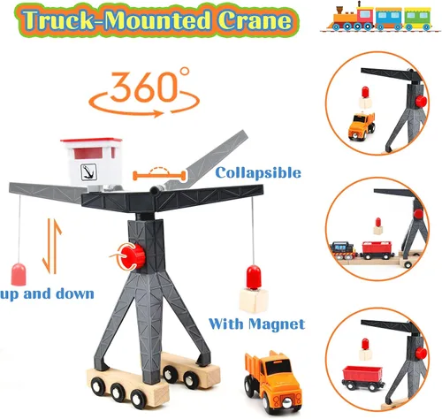 Vista 3 de WOOD CITY Juego de tren de madera, 56 piezas de lujo para niños de 2, 3, 4, 5 años, pista de tren temática de carga con grúa torre y puente