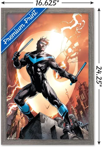Vista 3 de Trends International DC Comics Nightwing - Póster de pared de fuego, 14.725 x 22.375 pulgadas, versión enmarcada de madera de granero