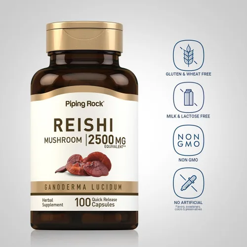 Vista 3 de Piping Rock Cápsulas de hongos Reishi 100 píldoras Suplemento de extracto de hierbas estandarizado con Ganoderma Lucidum Sin OMG, sin gluten