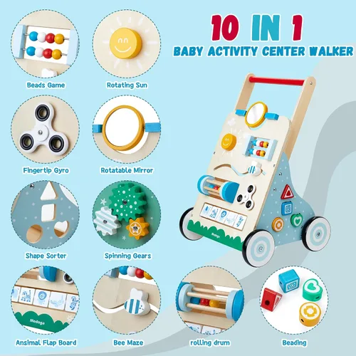 Vista 2 de Andador de madera para niños, 10 en 1 para centro de actividades