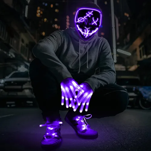 Vista 3 de Camlinbo Juego de 3 máscaras LED de Halloween, guantes iluminados y cordones brillantes para Halloween, disfraz de Halloween, fiesta de cosplay
