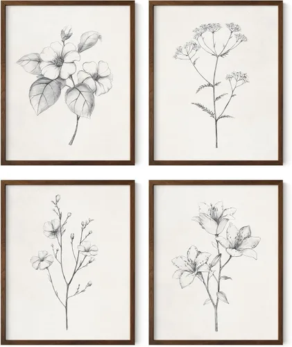 Vista 12 de HAUS AND HUES Arte de pared floral gris, juego de 4 pósteres de plantas para pared vintage, impresiones botánicas, cuadros de flores en blanco