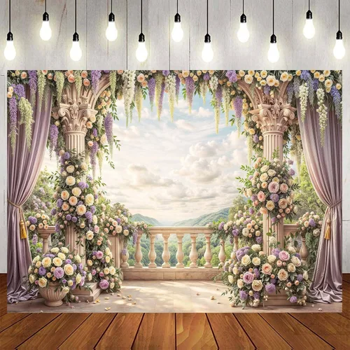 Vista 13 de Telón de fondo de flores de primavera de 5 x 3 pies para sesión de fotos de flores rosas y flores, decoración de fiesta de té, telón de fondo