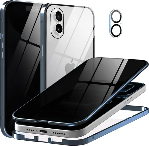 Vista 20 de Funda de privacidad de metal de titanio para iPhone 16, protector de pantalla de privacidad integrado y protector de lente de cámara, adsorción