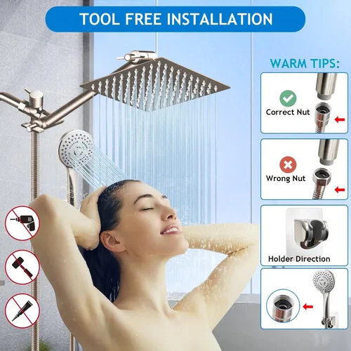 Vista 6 de Combo de cabezal de ducha (níquel cepillado), cabezal de ducha de lluvia de alta presión de 8 pulgadas con brazo de extensión ajustable de 11