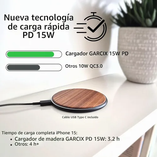 Vista 2 de Cargador inalámbrico de madera de 15 W, estación de carga inalámbrica Qi de diseño elegante, cable USB tipo C, compatible con iPhone 15 14 13 Pro