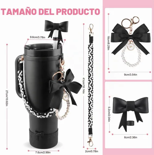 Vista 5 de Set de accesorios negros para vaso Stanley, correa para asa de botella de agua, funda de silicona, cubierta de pajita con lazo, dijes de perla, tapa