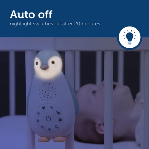 Vista 4 de ZazuKids - Máquina de sonido portátil y luz nocturna, chupete de sonido azul con altavoz Bluetooth, diseño de pingüino Zoe, para bebés y niños