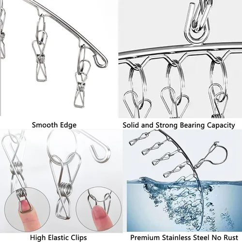 Vista 3 de Percha de secado de ropa de acero inoxidable con gancho resistente al viento, colgador de ropa interior, perchas con 8 clips para secar calcetines