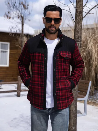 Vista 2 de Zaitun Camisa de franela de pana con forro de sherpa para hombre, chaqueta de manga larga con botones, abrigo de forro polar para hombre con bolsillo