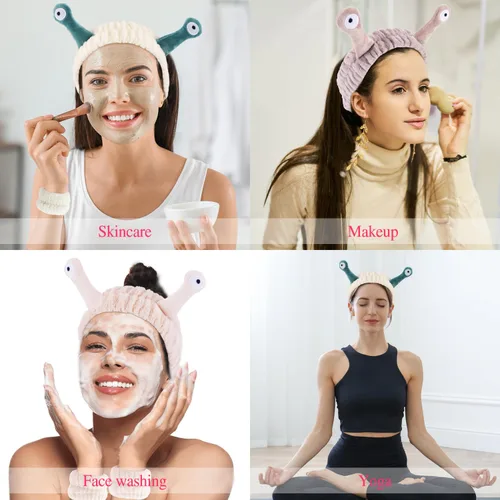 Vista 2 de Atoden Snail Spa Set – Pulsera y diadema para lavado facial, bonito diseño de animales para mujeres y niñas, beige, caqui, marrón