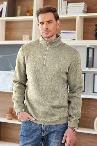 Vista 2 de COOFANDY Sudadera de punto con cremallera de un cuarto para hombre, suéter térmico de punto casual ajustado