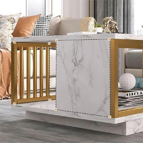 Vista 8 de Gdrasuya10 Mesa de centro moderna de mármol sintético blanco, mesa de centro de madera de 2 niveles con marco dorado, mesa central de TV, mesa