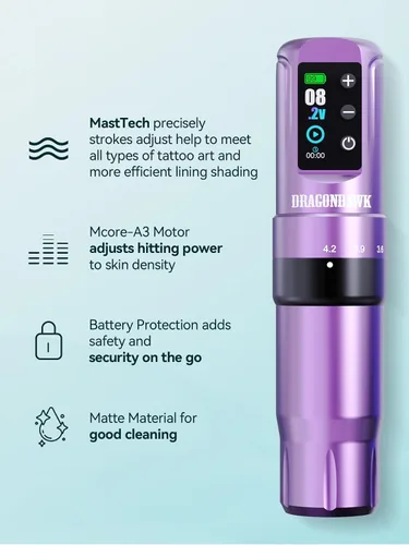 Vista 2 de Dragonhawk Atom2 Pro Tattoo Kit, 7 Stroke Settings, 2000mAh, Purple