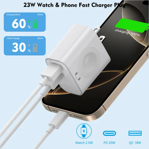 Vista 3 de Cargador de Apple Watch, magnético inalámbrico para carga de Apple Watch, paquete de 2, 23 W de doble puerto (USB-C + USB-A), bloque de carga rápida