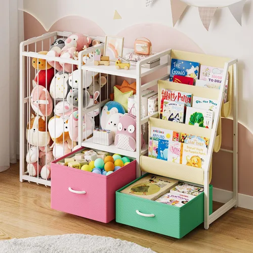 Vista 9 de Estantería para niños y organizador de juguetes Twinkoo, estante resistente de 3 niveles, estantería con bandeja y 2 contenedores de juguetes