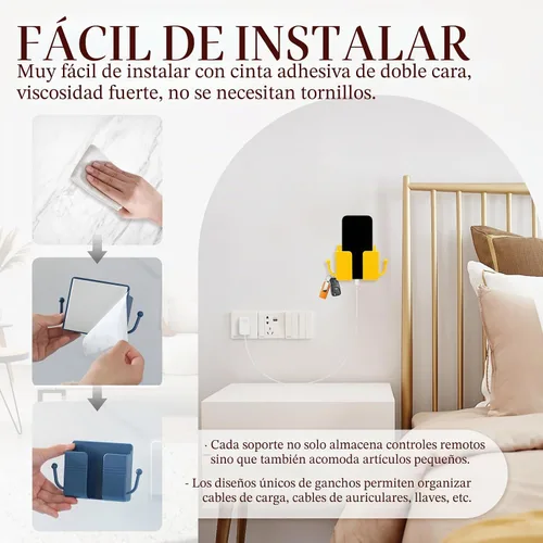 Vista 4 de 4 soportes de pared para teléfono, soporte de carga adhesivo para teléfono y soporte de control remoto, bolsillo multiusos para enchufe, caja