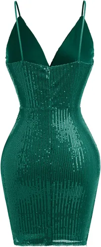 Vista 3 de Vestido de fiesta para mujer, manga 34, cuello en V, lentejuelas brillantes, glamuroso, flapper, cóctel, purpurina, para boda, noche, club