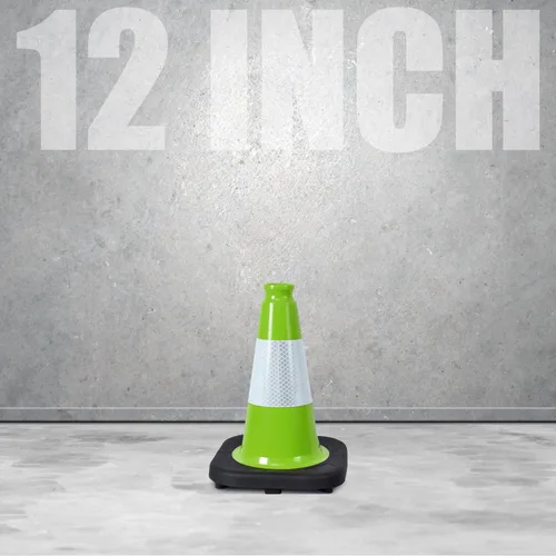 Vista 2 de Conos de Tráfico Fluorescentes Naranja/Verde de PVC, Base Negra Pesada, Conos para Estacionamiento en Patio Estructuralmente Estables, Conos