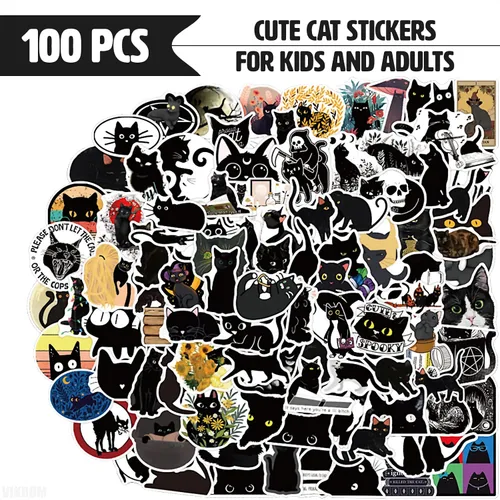 Vista 4 de 100 unidades de calcomanías impermeables para laptop negras, lindas calcomanías de gato en blanco y negro para botellas de agua, paquete