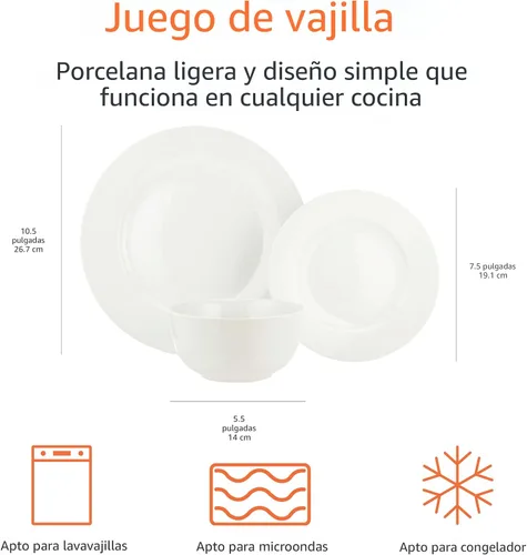 Vista 7 de Amazon Basics Juego de vajilla de cocina, apto para microondas y lavavajillas, platos, cuencos, servicio para 6, 18 piezas, color blanco