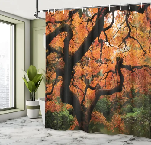Vista 4 de Ambesonne Cortina de ducha japonesa, árboles de arce japoneses en la oscuridad profunda en el bosque, foto de ambiente bastante meditativo, juego