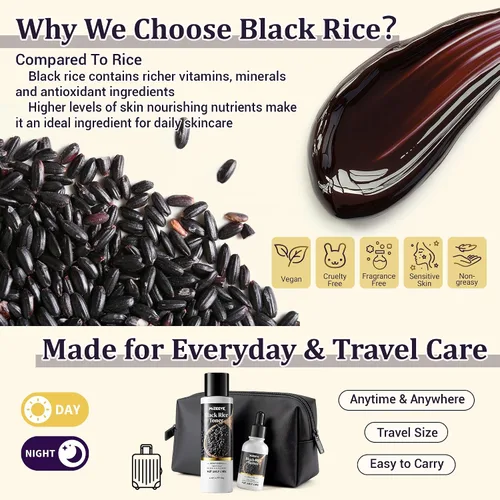 Vista 6 de Juego de rutina de cuidado de la piel de arroz negro natural para mujeres, kit antienvejecimiento con lavado facial, tóner, suero, loción corporal