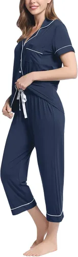 Vista 4 de Joyaria Conjunto de pijama capri para mujer, pijama de viscosa de bambú, pijama de manga corta con botones