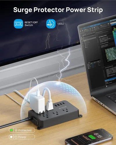 Vista 5 de TROND Regleta protectora contra sobretensiones, cable de extensión de 3 pies de enchufe plano, 5 tomas de corriente ampliamente espaciadas con 2 USB