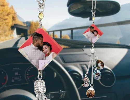 Vista 17 de Colgante personalizado negro-8 para foto de coche, adornos colgantes de automóvil, para mujeres y hombres, regalo del día de San Valentín