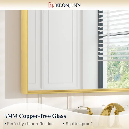 Vista 7 de Keonjinn Espejo de baño dorado de 48 x 30 pulgadas, espejo de pared de baño con borde dorado grande cepillado para sobre el fregadero, espejos