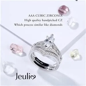 Vista 3 de Jeulia Juego de 2 anillos de plata de ley con corte marquesa milgrain para novia, boda, compromiso, aniversario