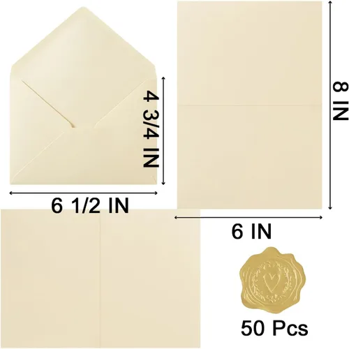 Vista 2 de Paquete de 50 sobres A6 color crema con tarjetas de cartulina gruesa plegada de 4 x 6 pulgadas y calcomanías doradas para tarjetas de felicitación