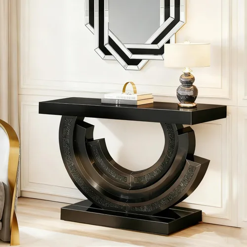 Vista 37 de Mesa Consola Negra con Espejo, Mesa de Sofá de Cristal Rectangular de 48 pulgadas con Elementos Tallados Vintage con Espejo, Muebles de Espejo
