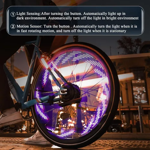 Vista 8 de Lámpara LED de radios, luz solar para neumáticos, sensor de movimiento con equipo de ciclismo impermeable, decoración de bicicleta para niños