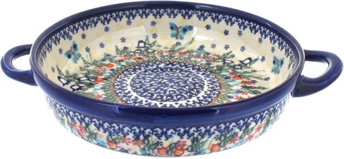Vista 3 de Blue Rose Polish Pottery - Horno redondo pequeño Ashley naranja con asas, 9 pulgadas de diámetro, único, apto para lavavajillas y duradero