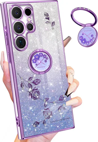 Vista 14 de Funda 3 en 1 para teléfono Samsung Galaxy A03S con purpurina brillante para mujeres y niñas, cubierta brillante con bonito diseño floral de flores