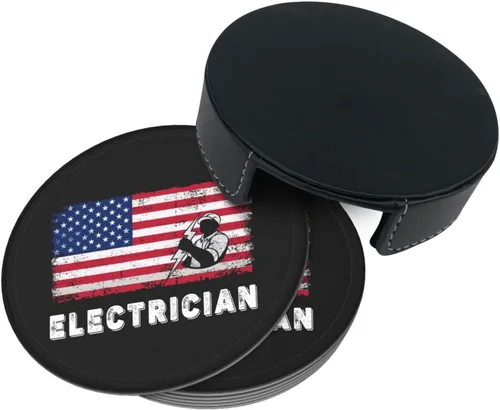 Vista 4 de Juego de 6 posavasos con soporte para electricista con bandera estadounidense, tapete de piel sintética para cocina, bar, mesa, escritorio