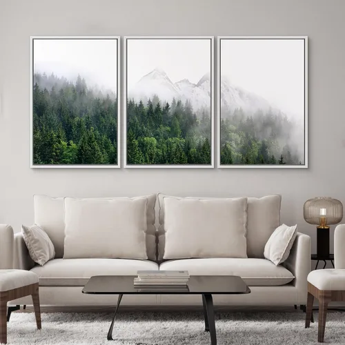 Vista 423 de SIGNWIN Lienzo enmarcado para pared, juego de arte pastel con cadena montañosa, bosque, niebla, naturaleza silvestre, ilustraciones modernas, arte