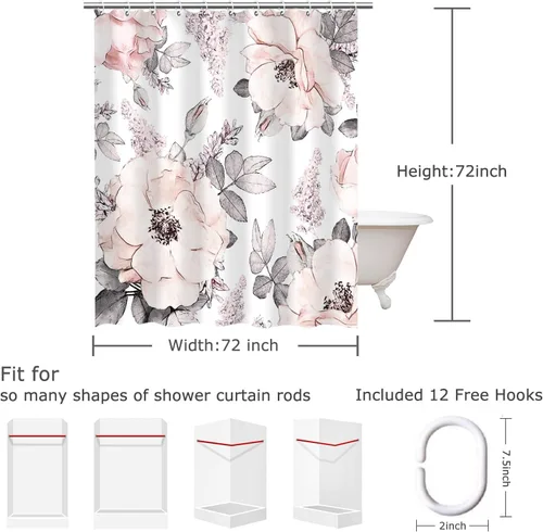 Vista 4 de LIVILAN Cortina de ducha con flores rosas y grises, cortinas de ducha florales de acuarela con ganchos, tela blanca y gris, decoración de baño