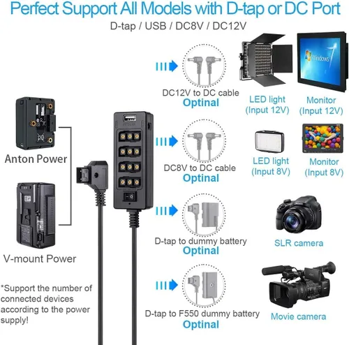 Vista 3 de Alvin's Cables Cable divisor D-tap con interruptor de alimentación macho DTap a 4 hembra D Tap 2 DC USB para batería de montaje en V para cámara