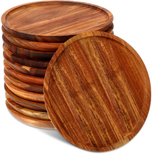 Vista 9 de Rtteri 12 piezas de platos de madera de acacia redondos para cena, vajilla de madera, bandeja de servir, fácil de limpiar, ligera, irrompible, plato