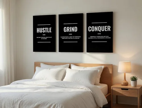 Vista 3 de Juego de 3 lienzos motivacionales en blanco y negro para pared, impresiones enmarcadas envueltas en galería para oficina, dormitorio y sala de estar