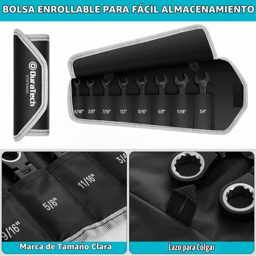 Vista 7 de DURATECH Stubby - Juego de llaves combinadas de trinquete de cabeza flexible, SAE, 8 piezas, 5/16" a 3/4", acero CR-V, revestimiento electroforético