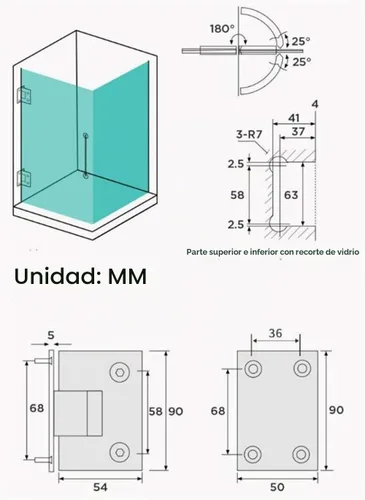 Vista 6 de JU+ Bisagras de pared de puerta de vidrio de 90 grados Accesorios de ducha Bisagra de puerta de ducha de vidrio, clip de baño de acero inoxidable