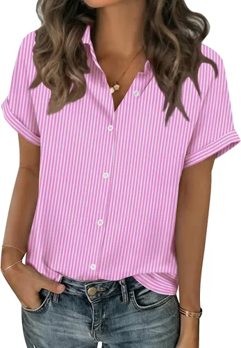 Vista 10 de Zeagoo Blusas de verano de manga corta para mujer, camisas casuales con botones, blusas de trabajo de negocios sólidas/a rayas