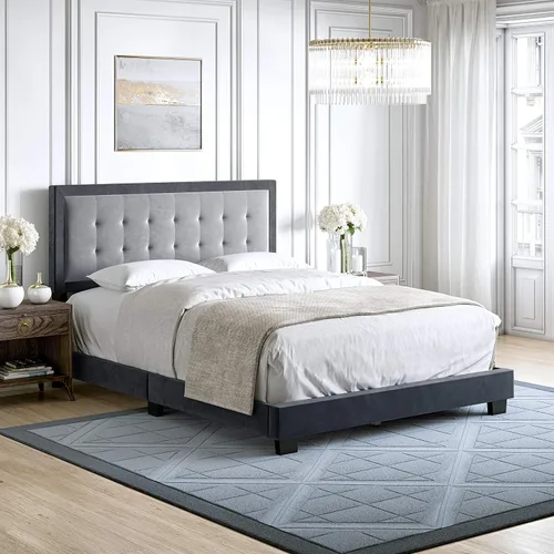 Vista 13 de Boyd Sleep Pisa - Base de cama de terciopelo azul tamaño Queen totalmente tapizada con cabecero ajustable, no requiere somier, fácil montaje, sin