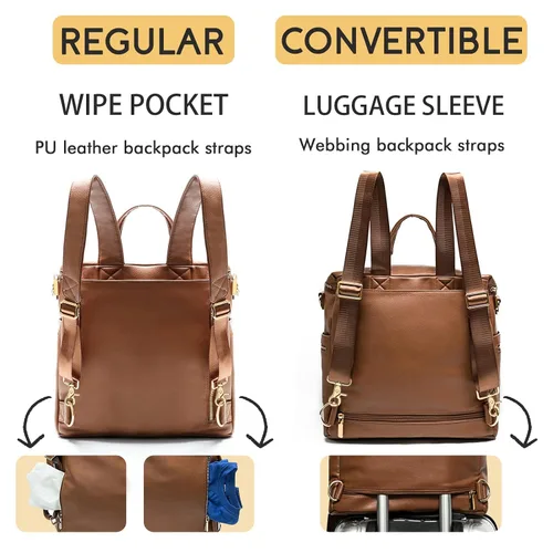 Vista 3 de miss fong Mochila para pañales de bebé, bolsa de pañales de cuero, bolsa de pañales con cambiador, correas para cochecito y 2 bolsillos aislados